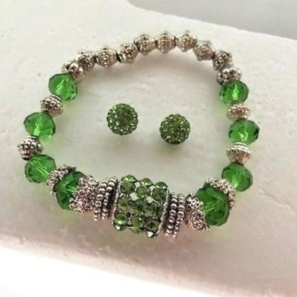 Handmade Jewelry - Swarovsk Crystal Stretch Bracelet Earrings  Green